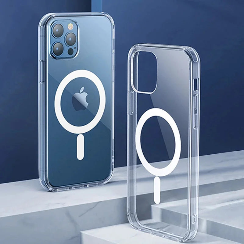Clear MagSafe-compatible phone cases are displayed against a blue background, showcasing the white circular magnet design compatible with iPhone models.