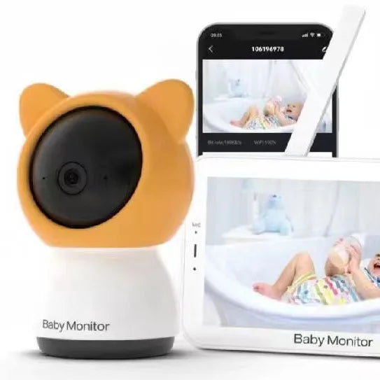 A baby monitor set with a cute bear-shaped camera, a smartphone, and a display screen showing a baby. The images on the devices depict a baby in a colorful outfit.