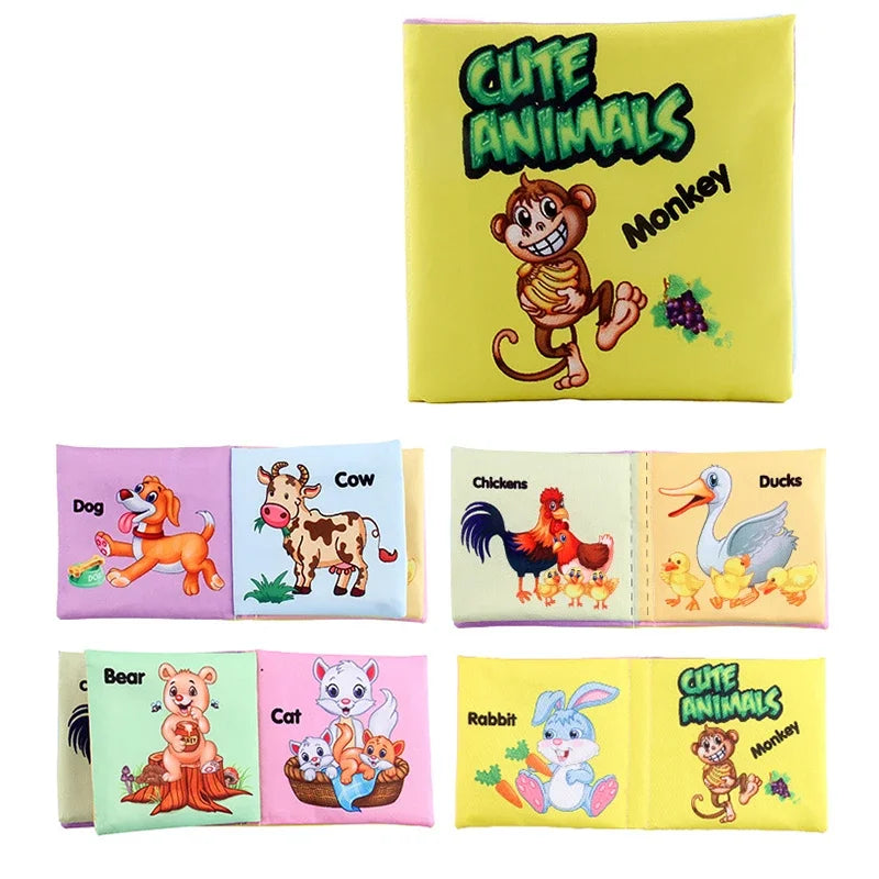 Children's book titled "Cute Animals" with cartoon illustrations of a monkey, dog, cow, chickens, ducks, bear, cat, and rabbit on its pages.