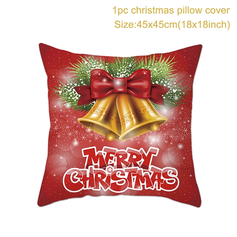 Red Christmas pillow cover with "Merry Christmas" text, gold bells, a red bow, and green pine leaves with white sparkles. Size: 45x45cm (18x18 inches).