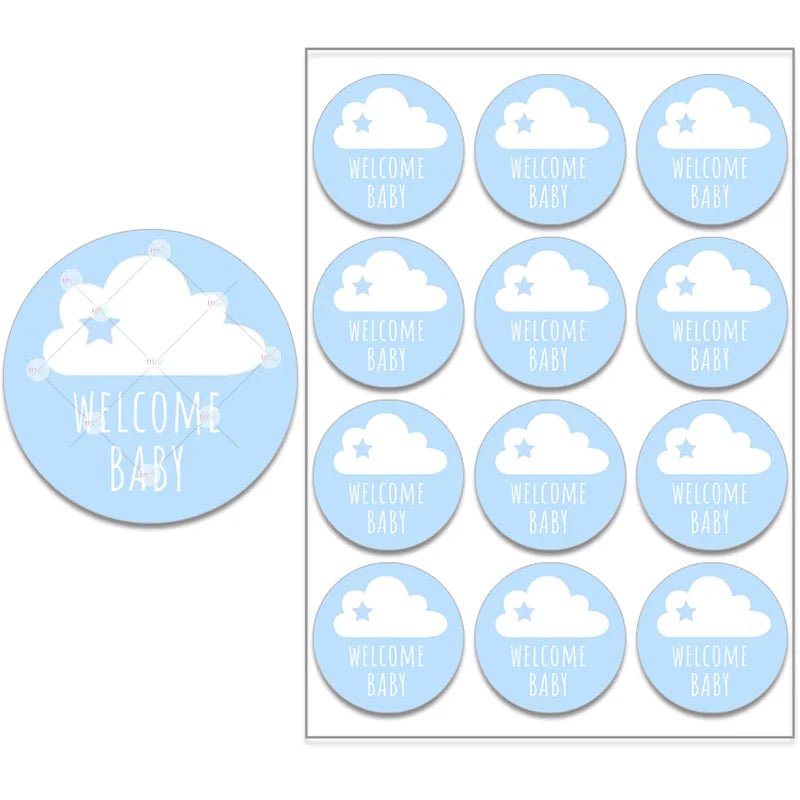 Blue stickers with white clouds and stars, featuring the text "Welcome Baby." Stickers are shown both individually and as a sheet of twelve identical round stickers.