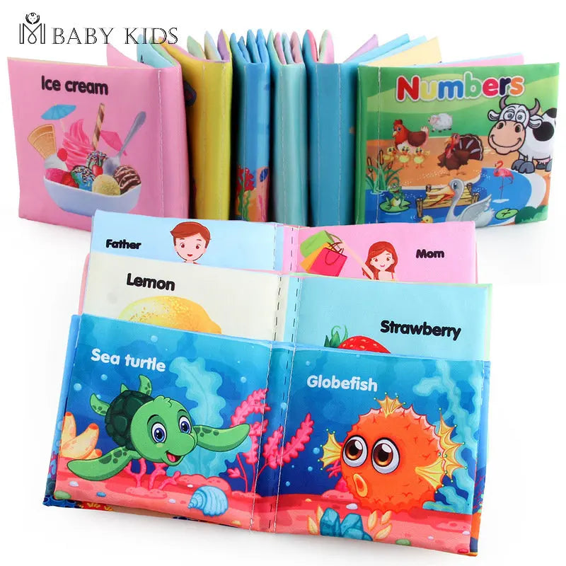 A set of colorful baby books on various themes like ice cream, numbers, and sea life, with vibrant illustrations of animals, fruits, and family members.