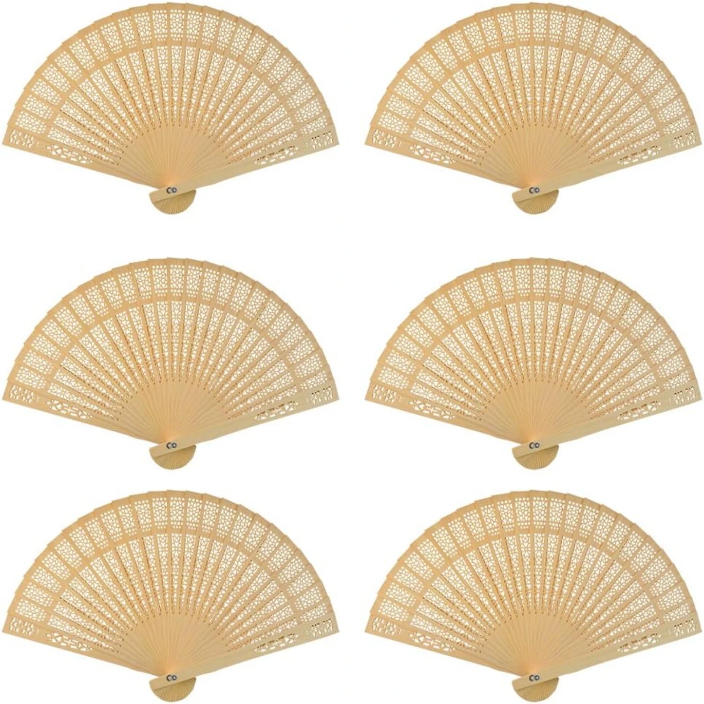 Six beige folding fans with intricate lattice patterns displayed in two rows on a white background. Each fan is identical, with a semi-circular shape.