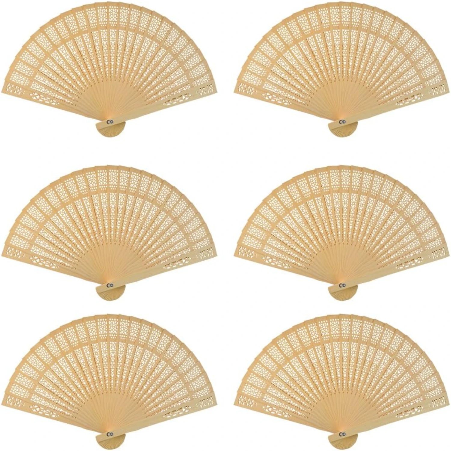Six beige folding fans with intricate lattice patterns displayed in two rows on a white background. Each fan is identical, with a semi-circular shape.