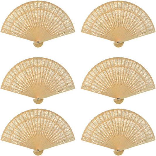 Six beige folding fans with intricate lattice patterns displayed in two rows on a white background. Each fan is identical, with a semi-circular shape.