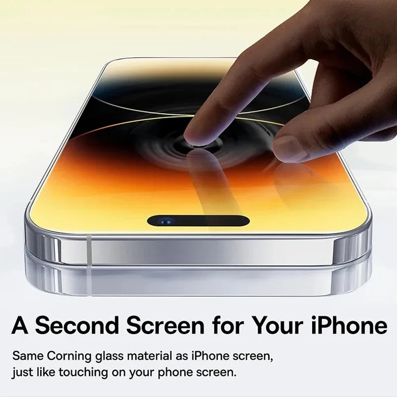 A hand touches a vibrant, glossy screen with a ripple effect, resembling an iPhone. Text below reads, "A Second Screen for Your iPhone. Same Corning glass material as iPhone screen."