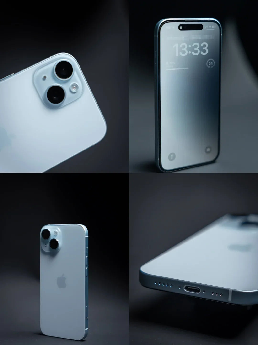 Four views of a sleek smartphone. Top left shows dual rear cameras, top right displays the lit front screen, bottom left shows the back, and bottom right highlights the charging port.