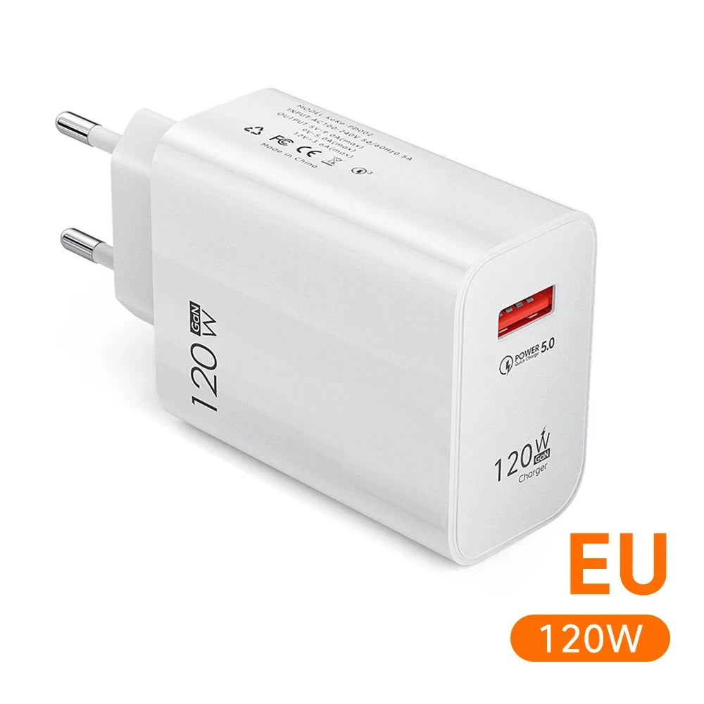 White 120W EU plug charger with one USB port, featuring Quick Charge 5.0 technology. Compact design with prongs for European outlets, shown with power specifications printed on the side.