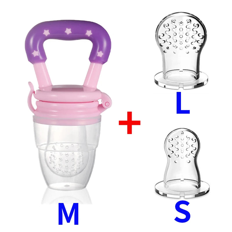 Purple-handled baby feeder with a pink lid and a transparent mesh. Includes two silicone feeder attachments labeled 'L' and 'S' for different sizes.