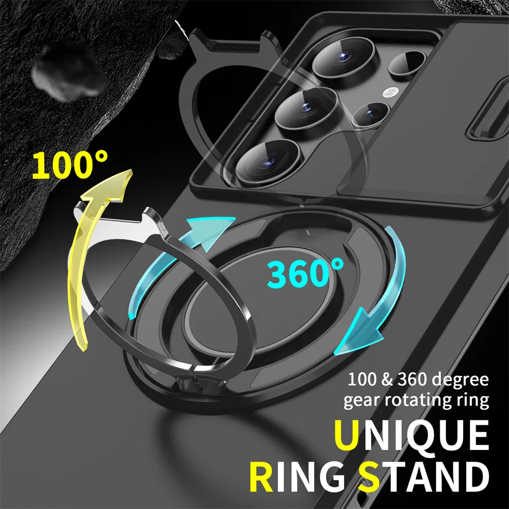 Phone case with a unique ring stand, allowing 100-degree tilt and 360-degree rotation. The ring is shown in motion with arrows indicating movement.