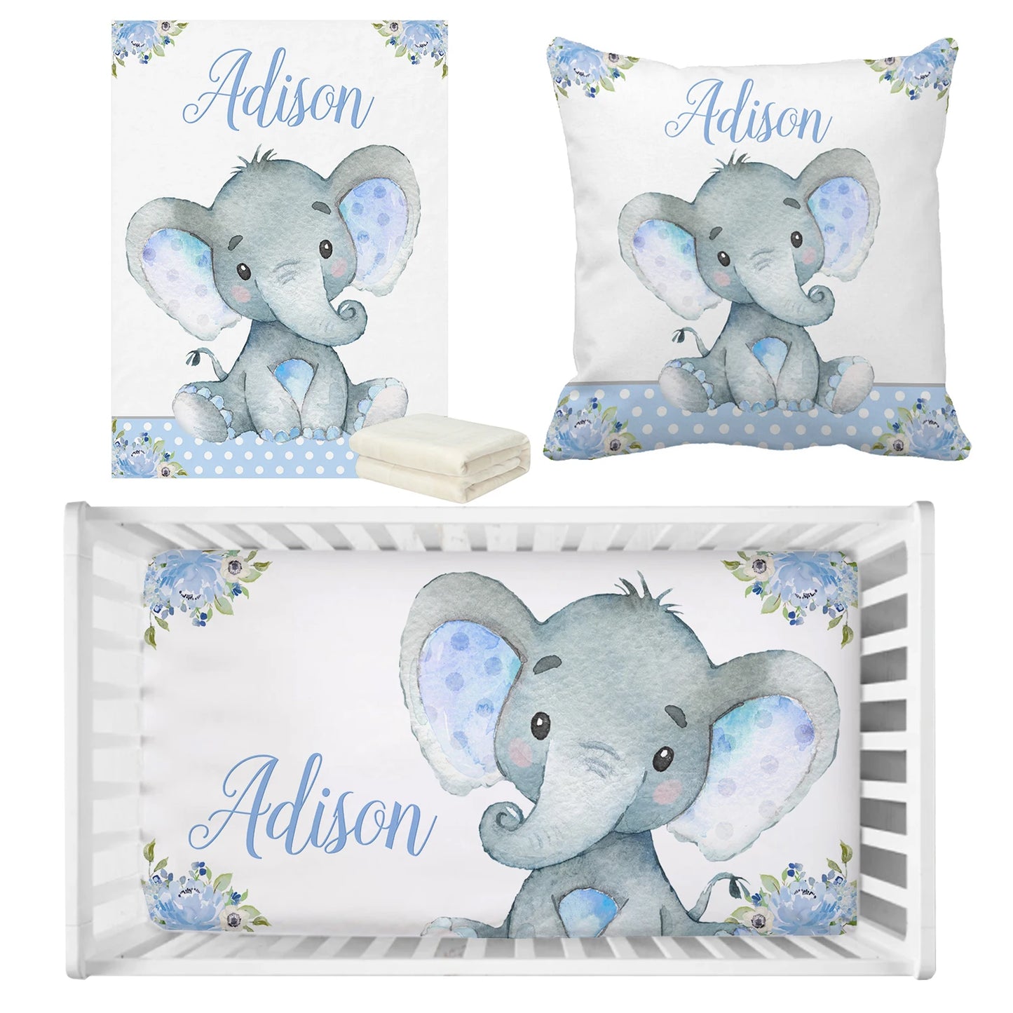 Nursery set featuring a cute gray elephant with blue accents on a blanket, pillow, and crib sheet, adorned with floral details and personalized with the name "Adison."