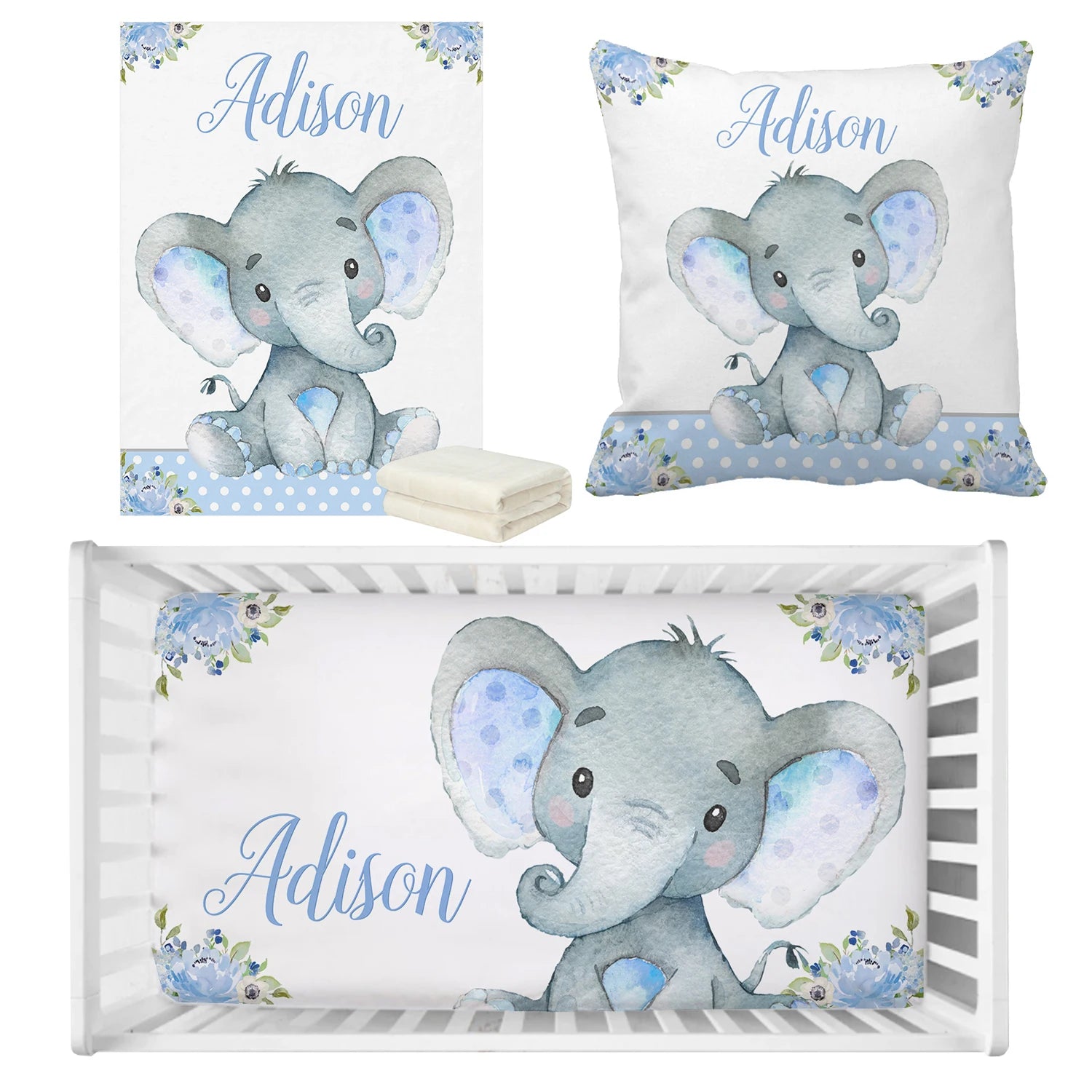Nursery set featuring a cute gray elephant with blue accents on a blanket, pillow, and crib sheet, adorned with floral details and personalized with the name "Adison."