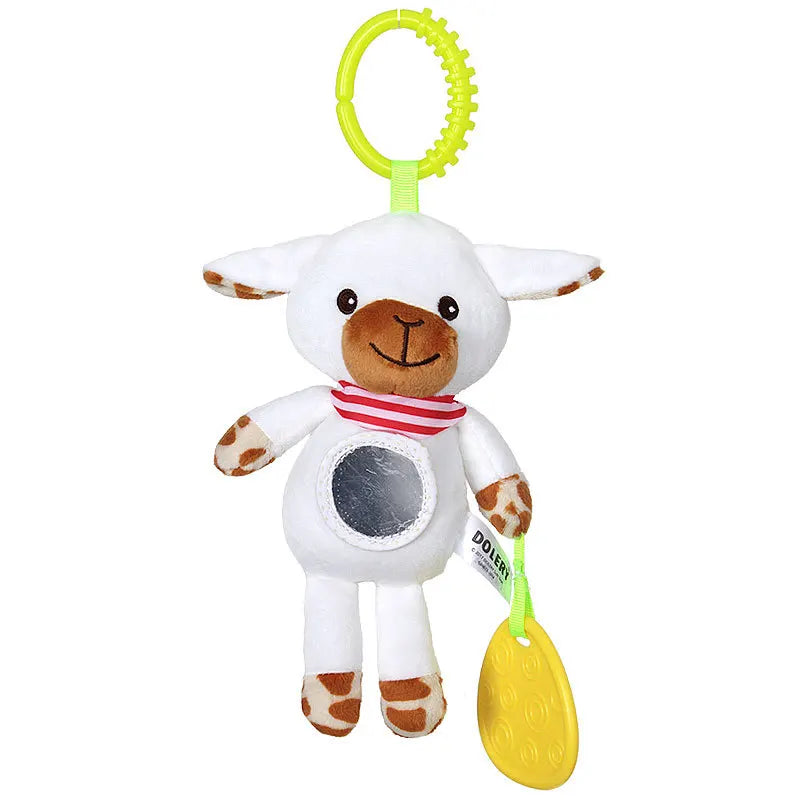 Cute stuffed lamb toy with a smiling face, striped red scarf, and a reflective center. Features a yellow teething ring and clip for hanging, suitable for infants.
