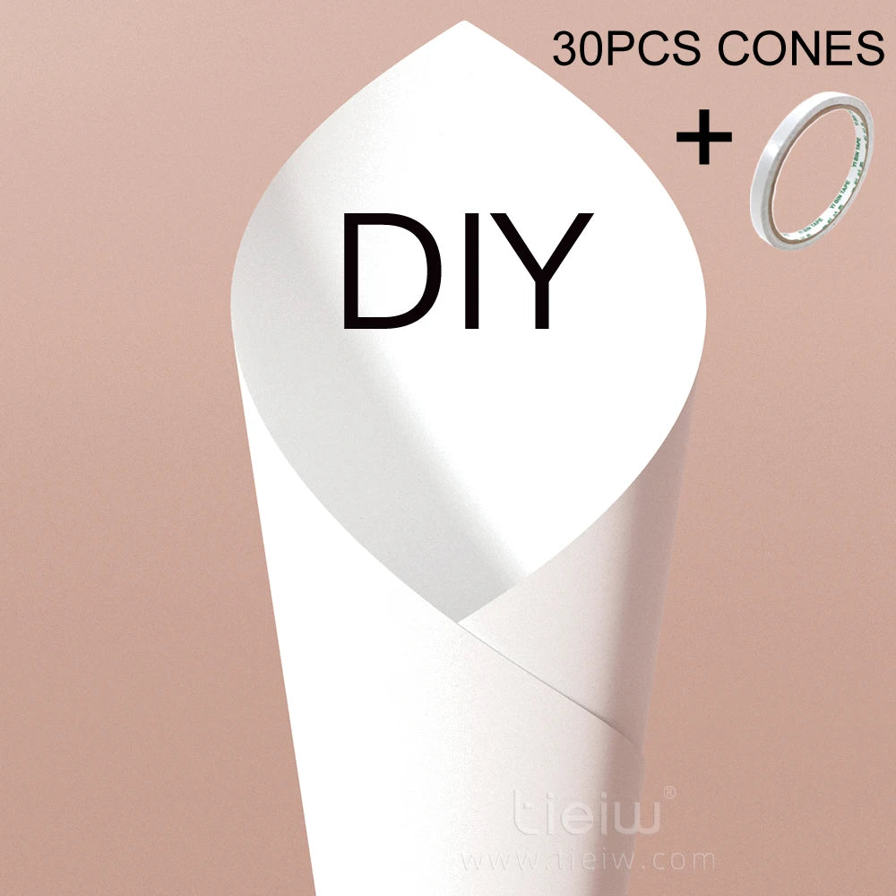 White DIY paper cone on a beige background with the text "30PCS CONES +", and an illustration of a roll of tape on the right.