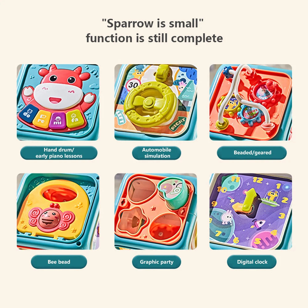 Toy set with six educational activities: hand drum, automobile simulation, beads, bee bead, shape sorting, and digital clock. Caption: "Sparrow is small, function is still complete."