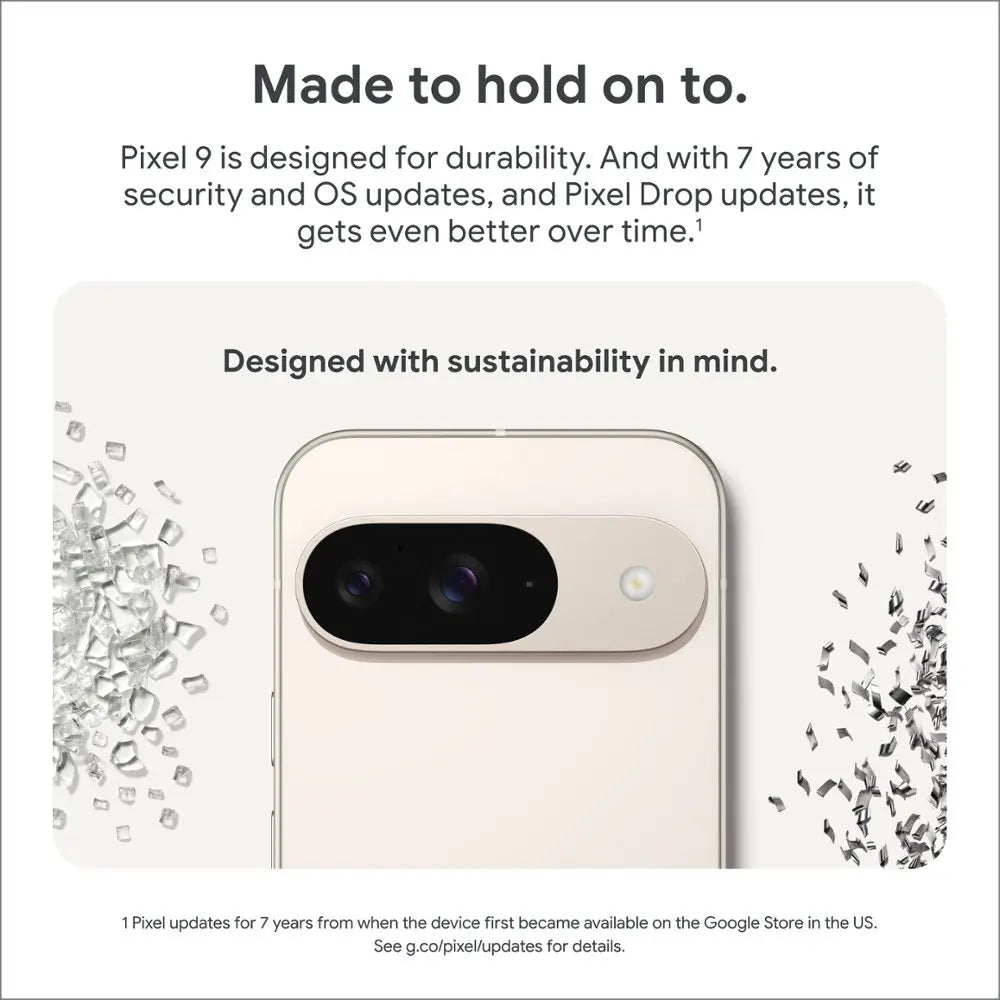 Partial view of a Pixel 9 phone with dual cameras, highlighting durability and sustainability. Features include 7 years of security and OS updates to enhance longevity.