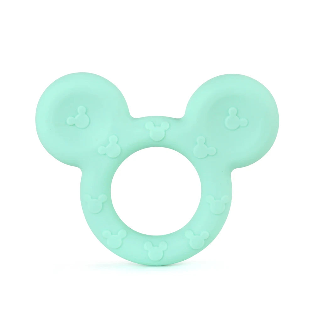 Mint green silicone baby teether shaped like mouse ears, featuring embossed mouse silhouettes for texture. The soft material is designed for teething comfort.