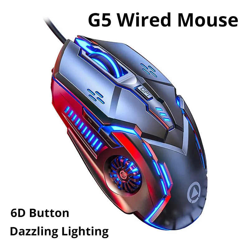 Futuristic G5 wired gaming mouse with 6D buttons and dazzling blue-red lighting, showcasing an ergonomic design and scrolling wheel on a sleek metallic surface.