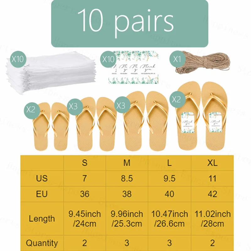 Set of 10 gold flip-flops in various sizes with thank-you cards and bags. Size chart included: S (2), M (3), L (3), XL (2). Includes thank-you bag and twine.