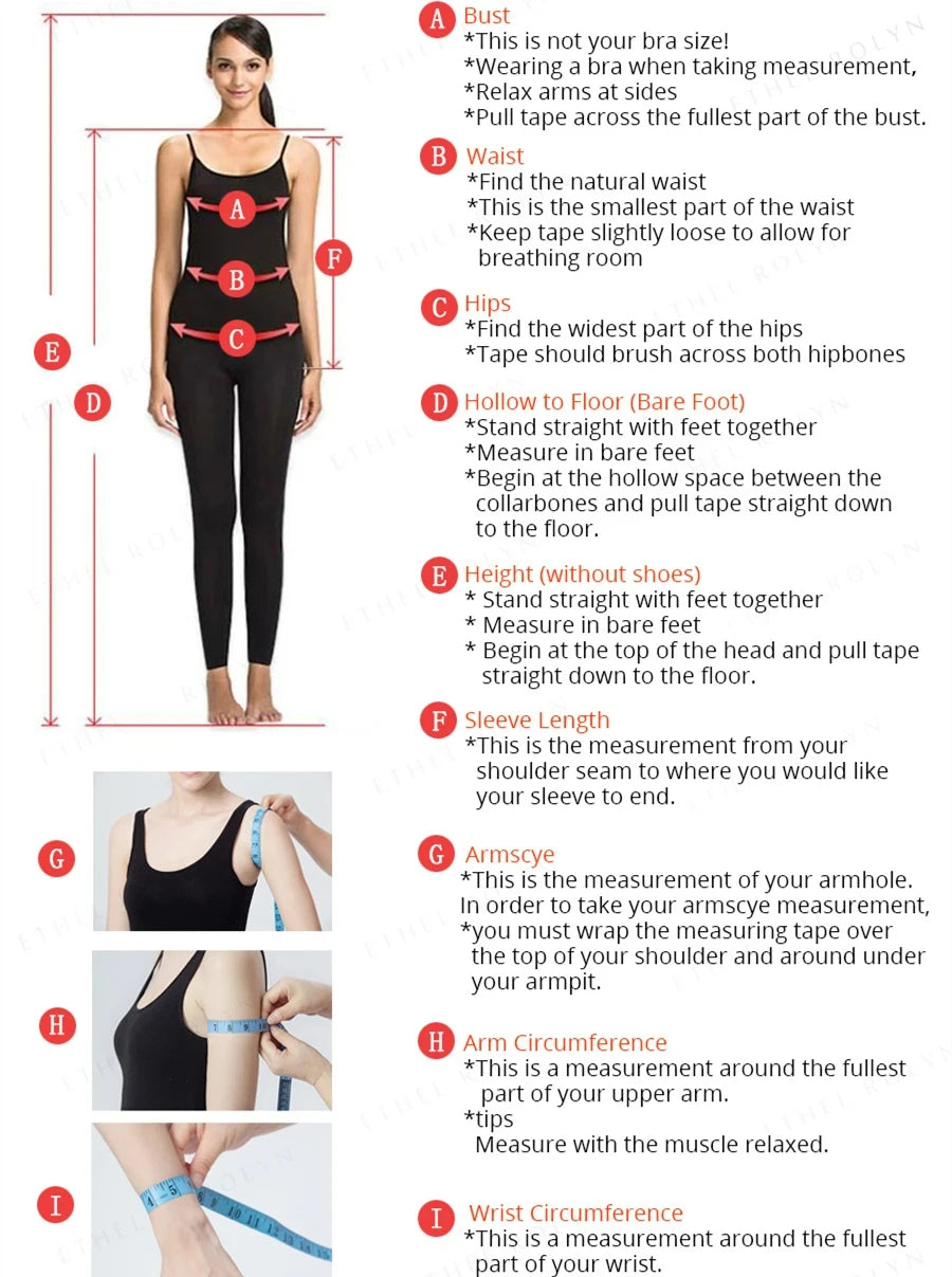 Image showing a woman in a black outfit illustrating how to measure various body parts: bust, waist, hips, height, sleeve length, armhole, arm circumference, and wrist.