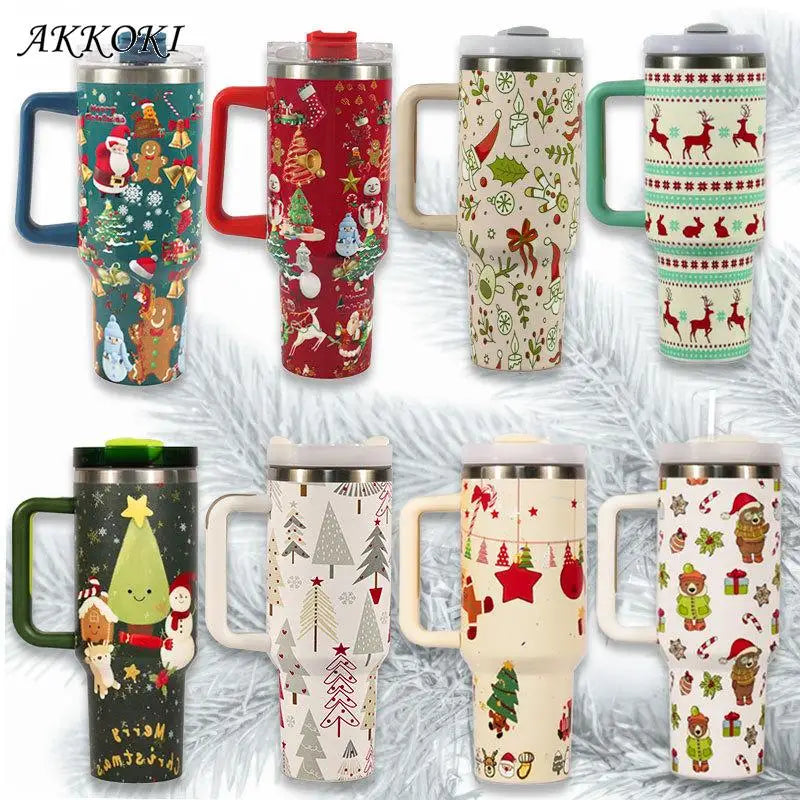 Eight festive travel mugs with Christmas-themed designs, featuring Santa, snowmen, reindeer, trees, and holiday patterns, each with a colorful handle.