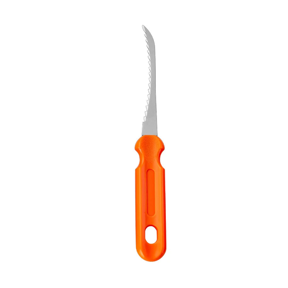 Curved knife with a serrated blade and an orange plastic handle, designed for precision cutting. The handle has a hole at the end for hanging storage.