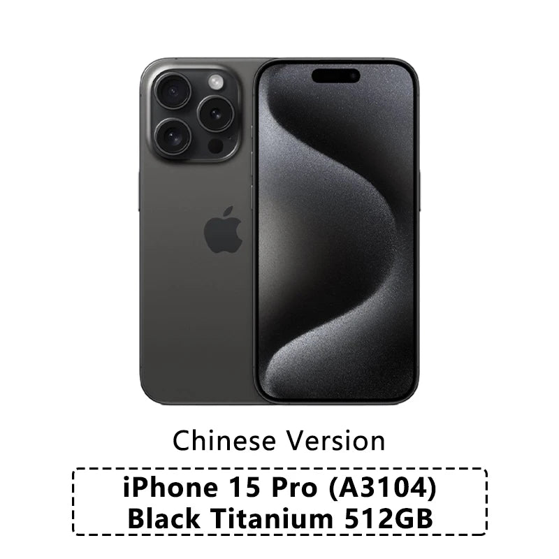 Chinese version of the iPhone 15 Pro in black titanium, shown from the front and back. Model A3104 with 512GB storage capacity. Text indicating model and storage below.