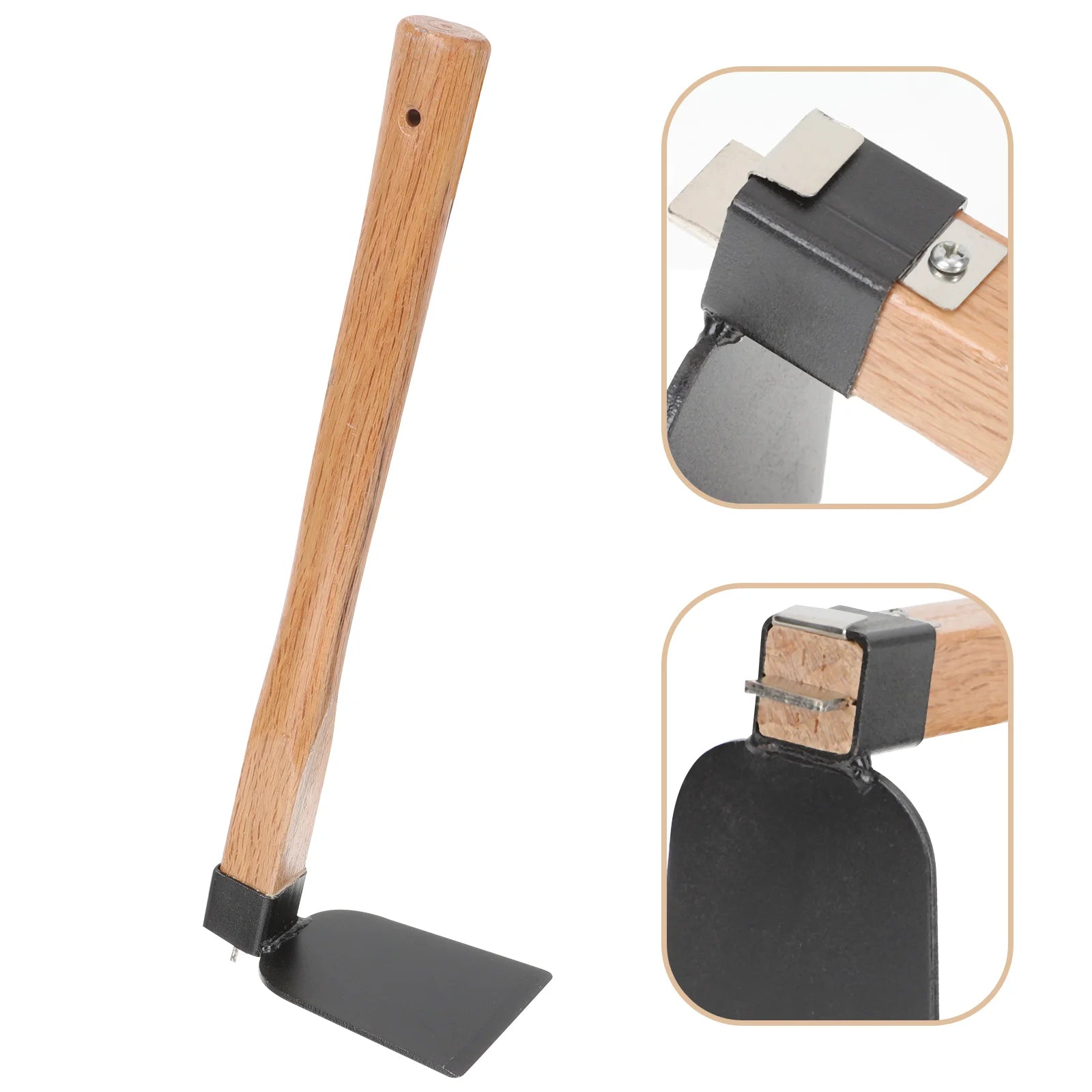 A wooden-handled garden hoe with a flat, black metal blade shown at various angles, highlighting the attachment details of the blade to the handle.