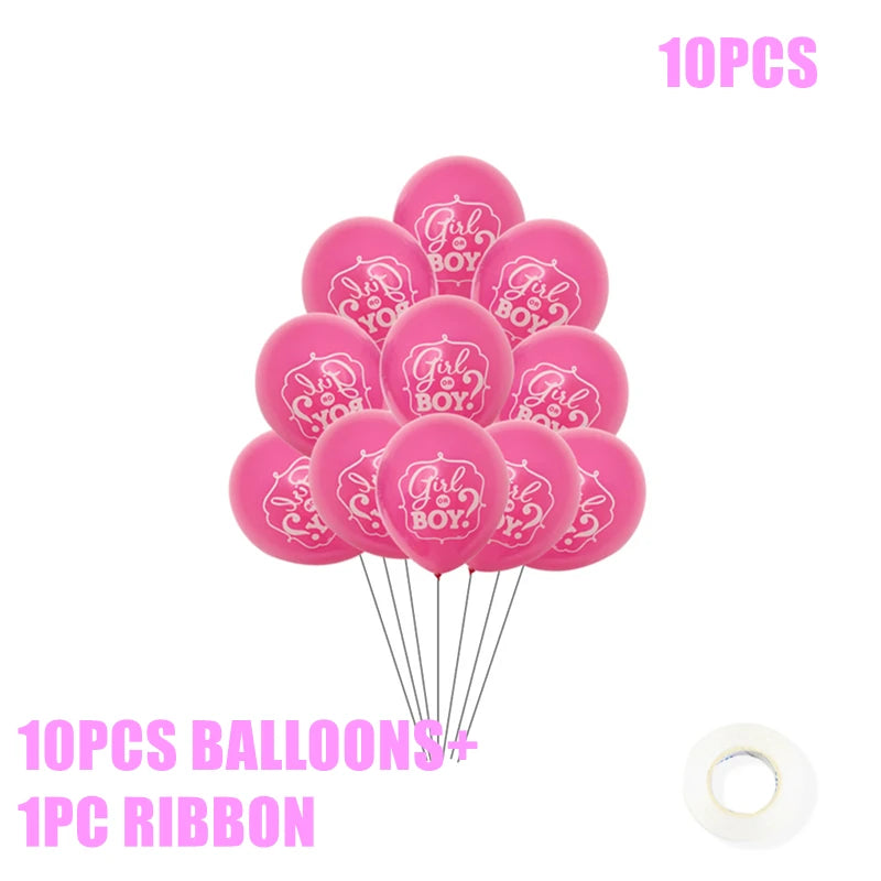 Ten pink "Girl or Boy?" balloons and one ribbon roll.