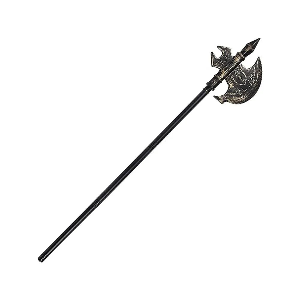 A medieval-style, decorative polearm with a black shaft and ornate metallic blade featuring a pointed tip and crescent edge.