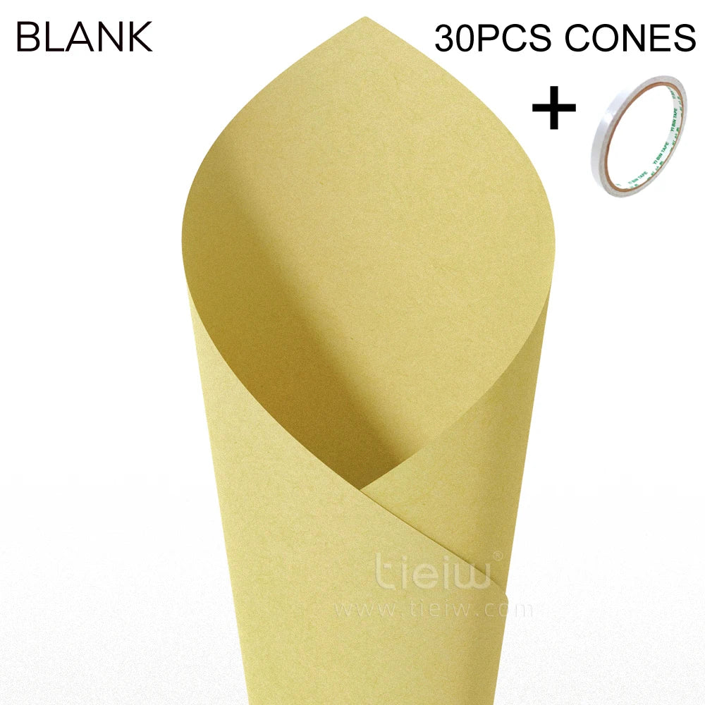 Blank kraft paper cone with a pointed tip, shown in a roll. Text reads "30PCS CONES +", with a roll of adhesive tape pictured alongside.