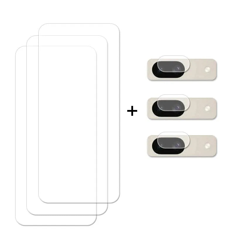 Three transparent rectangular screen protectors alongside three camera lens protectors on a white background, separated by a plus sign.