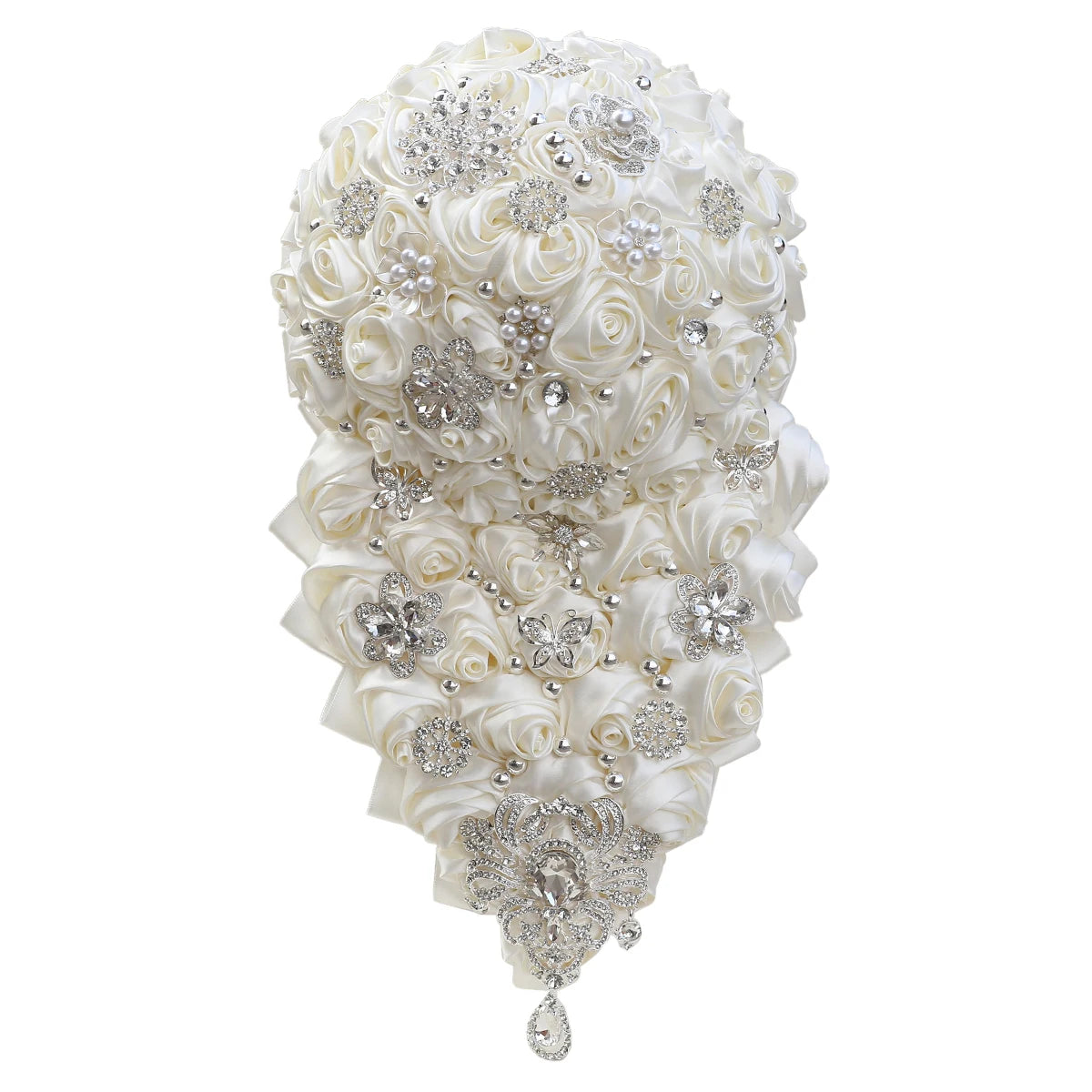 Elegant teardrop bridal bouquet with white silk roses adorned with sparkling rhinestones, pearls, and intricate silver brooches.