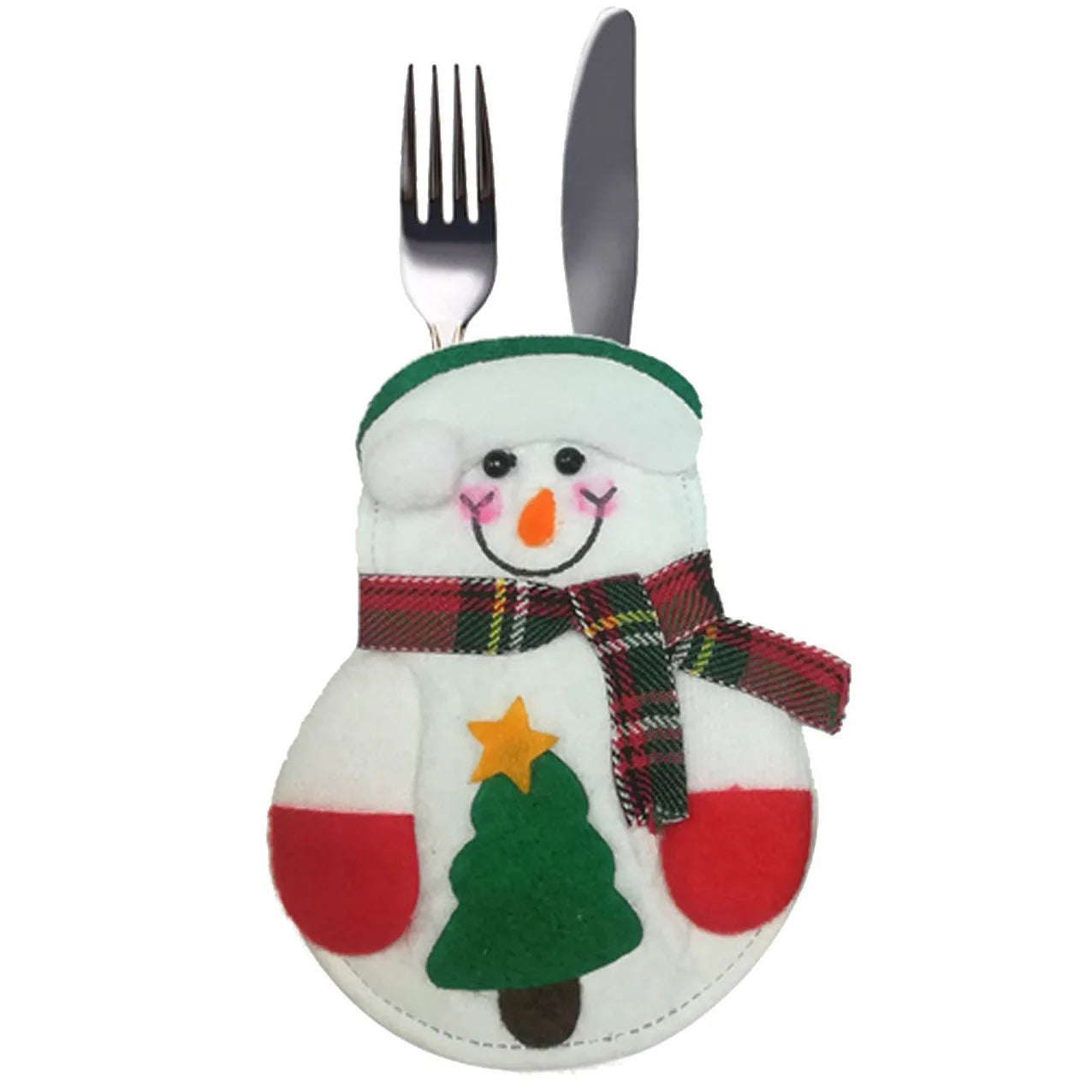 Snowman utensil holder with plaid scarf and tree design, holding a fork and knife. The snowman features red mittens, a green hat, and a smiling face.