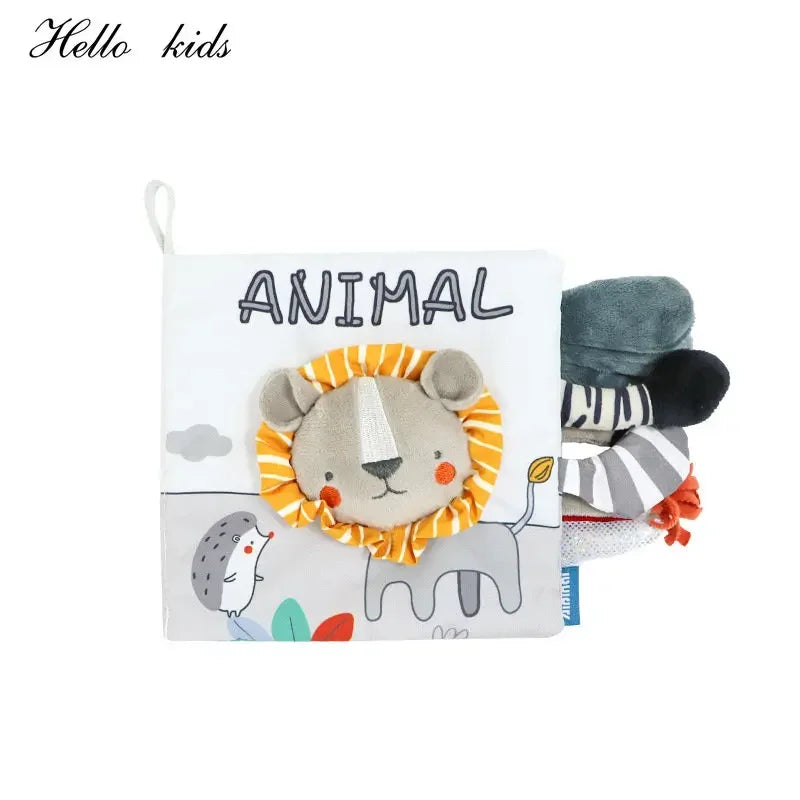 Soft baby book titled "Animal" with a plush lion face on the cover. Other animal features protrude from the side, including zebra stripes and elephant shapes.