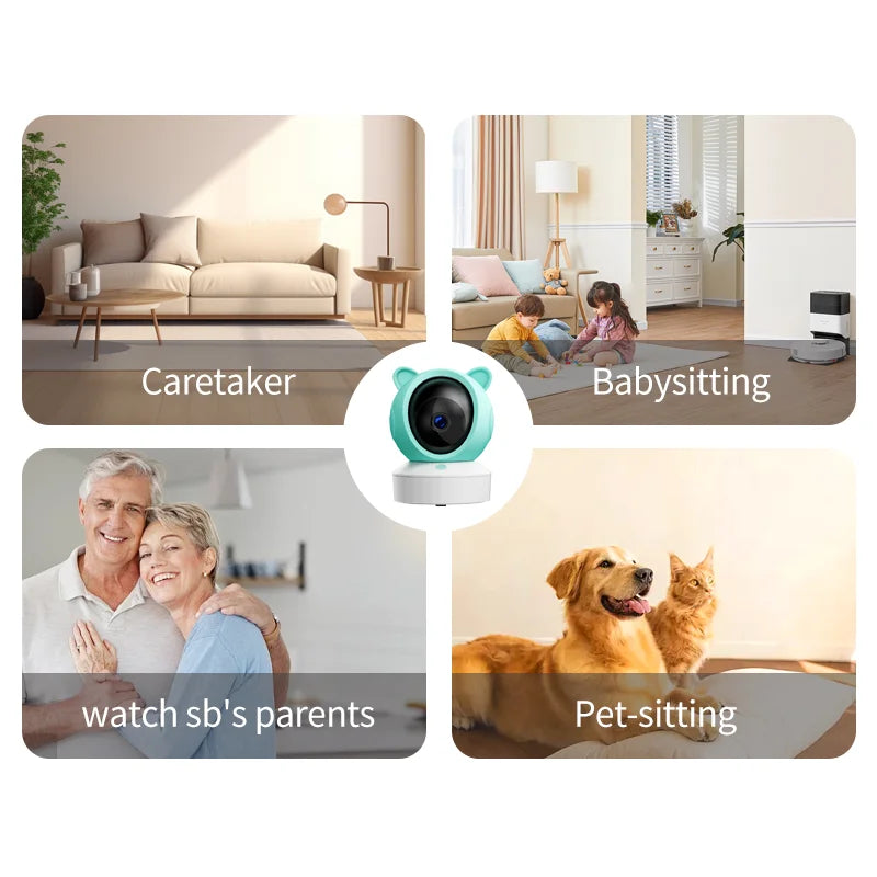 Collage of home monitoring uses: a living room for caretaking, children playing for babysitting, an elderly couple, and a dog with a cat for pet-sitting. A camera is central.