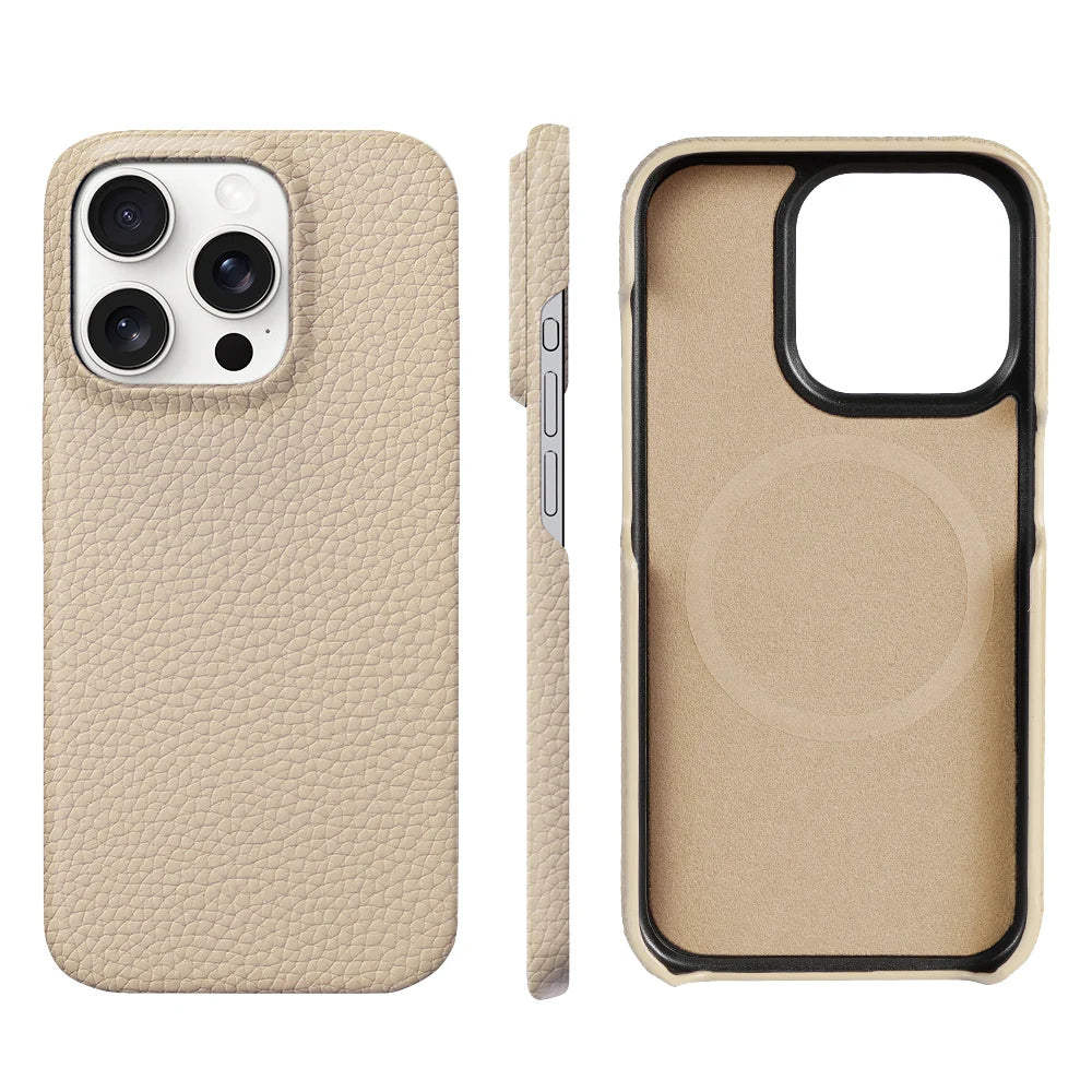 Beige textured phone case for a smartphone, shown in three angles: back, side, and interior view. The case has three camera cutouts and a soft inside lining.