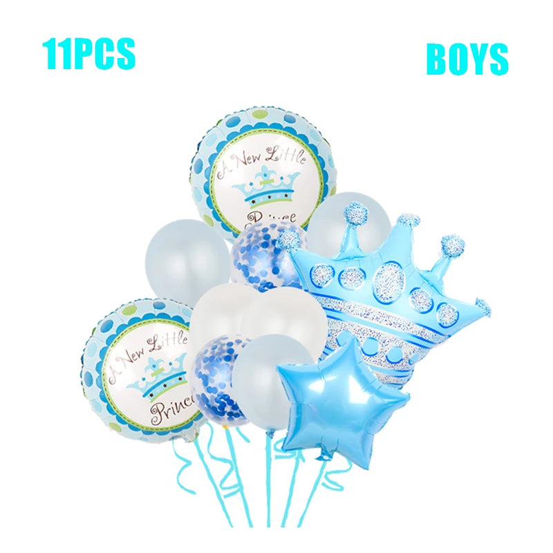 Blue and white baby shower balloon set for boys, featuring a crown, star, and polka dot designs, with "A New Little Prince" circular balloons. 11 pieces in total.