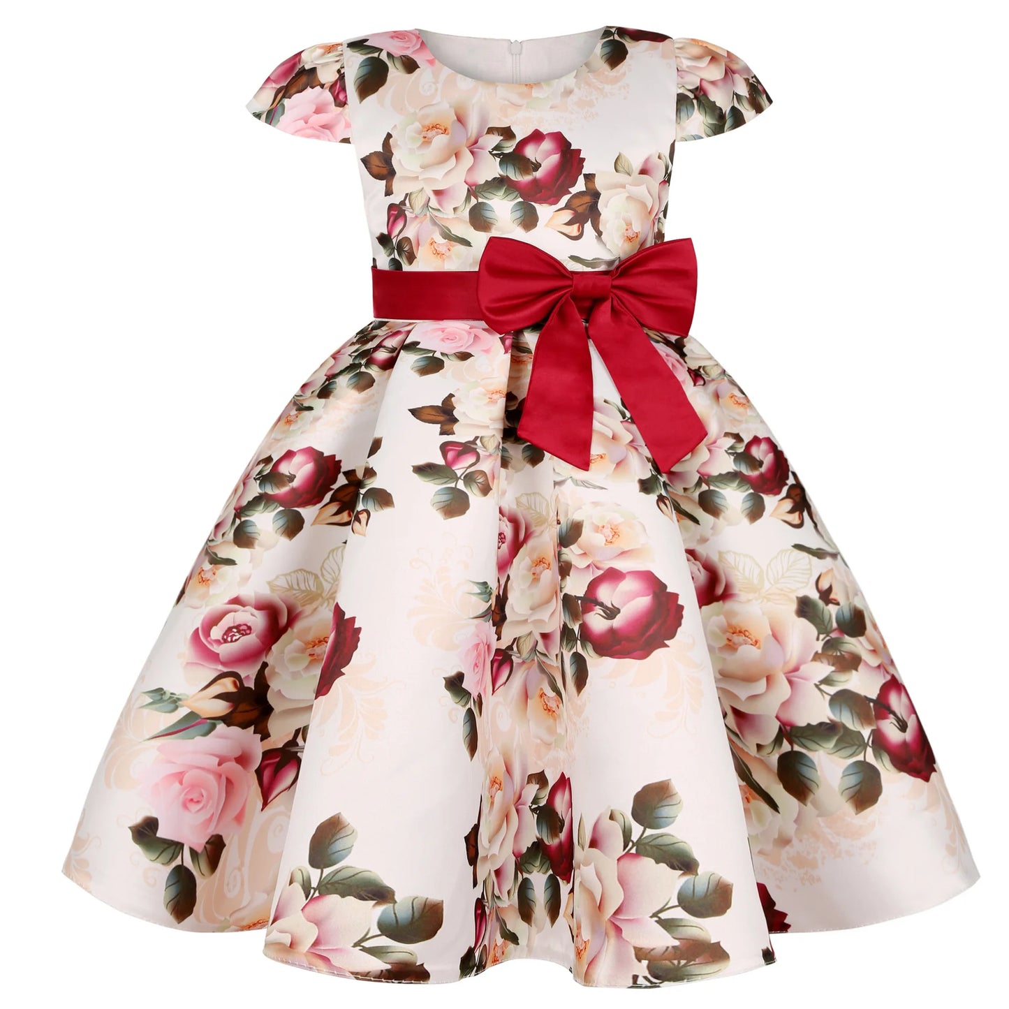 Floral-print girl's dress featuring pink and red flowers, short sleeves, and a fitted waist adorned with a red bow. The design includes lush green leaves for contrast.