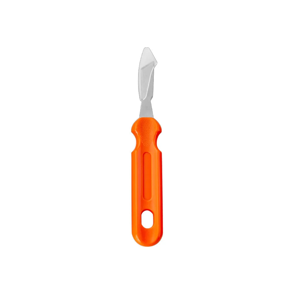 Orange-handled, curved-blade kitchen tool, likely for peeling or task-specific use, isolated on a white background.