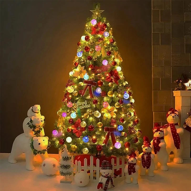 Festive Christmas tree adorned with colorful lights, baubles, ribbons, and a "Merry Christmas" sign, surrounded by plush polar bears and snowmen in a cozy, dimly lit room.