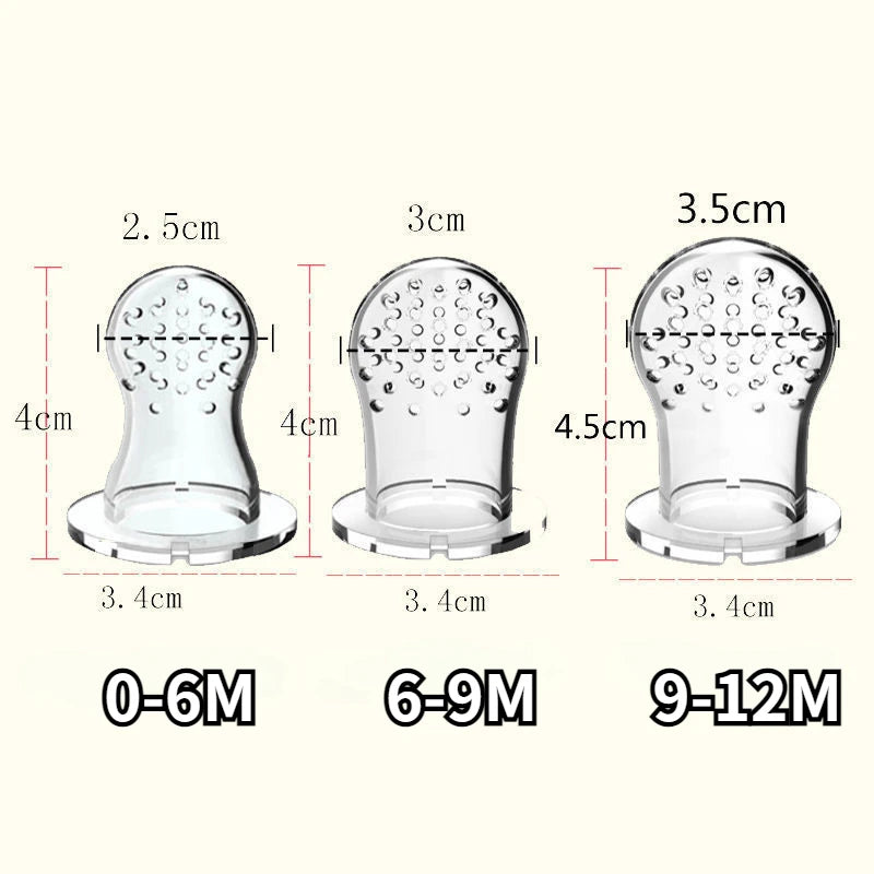 Three transparent silicone teethers in different sizes: 2.5cm x 4cm for 0-6 months, 3cm x 4cm for 6-9 months, and 3.5cm x 4.5cm for 9-12 months, with textured surfaces.