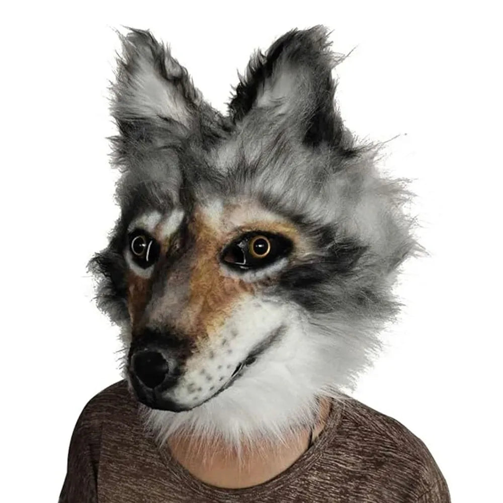 Person wearing a realistic gray and white wolf mask with detailed fur and lifelike eyes. Mask covers the entire head. Background is plain white.