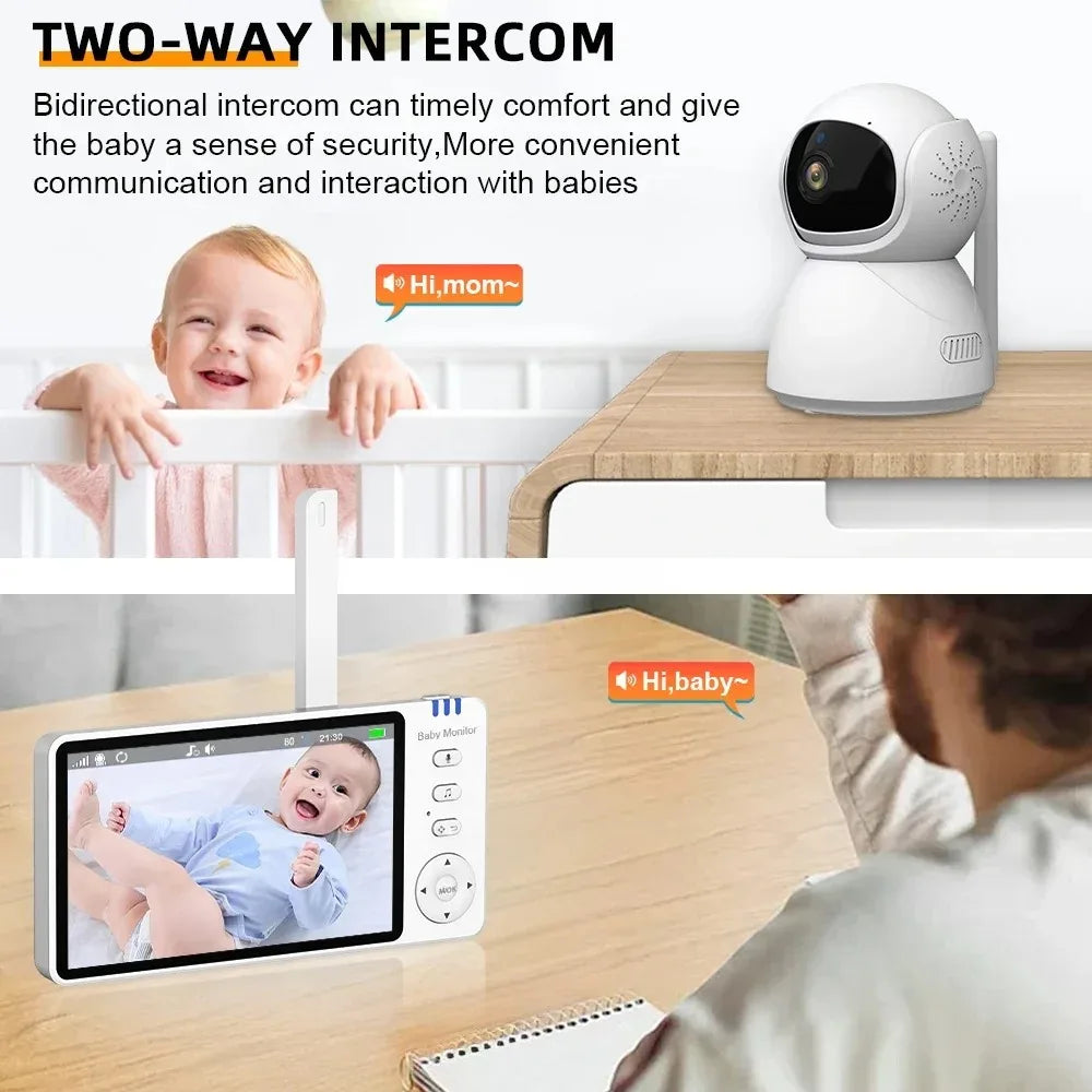 A baby monitor's two-way intercom shows a happy baby in a crib, and a screen with a man speaking to the baby. Text bubbles say "Hi, mom" and "Hi, baby" for interaction.