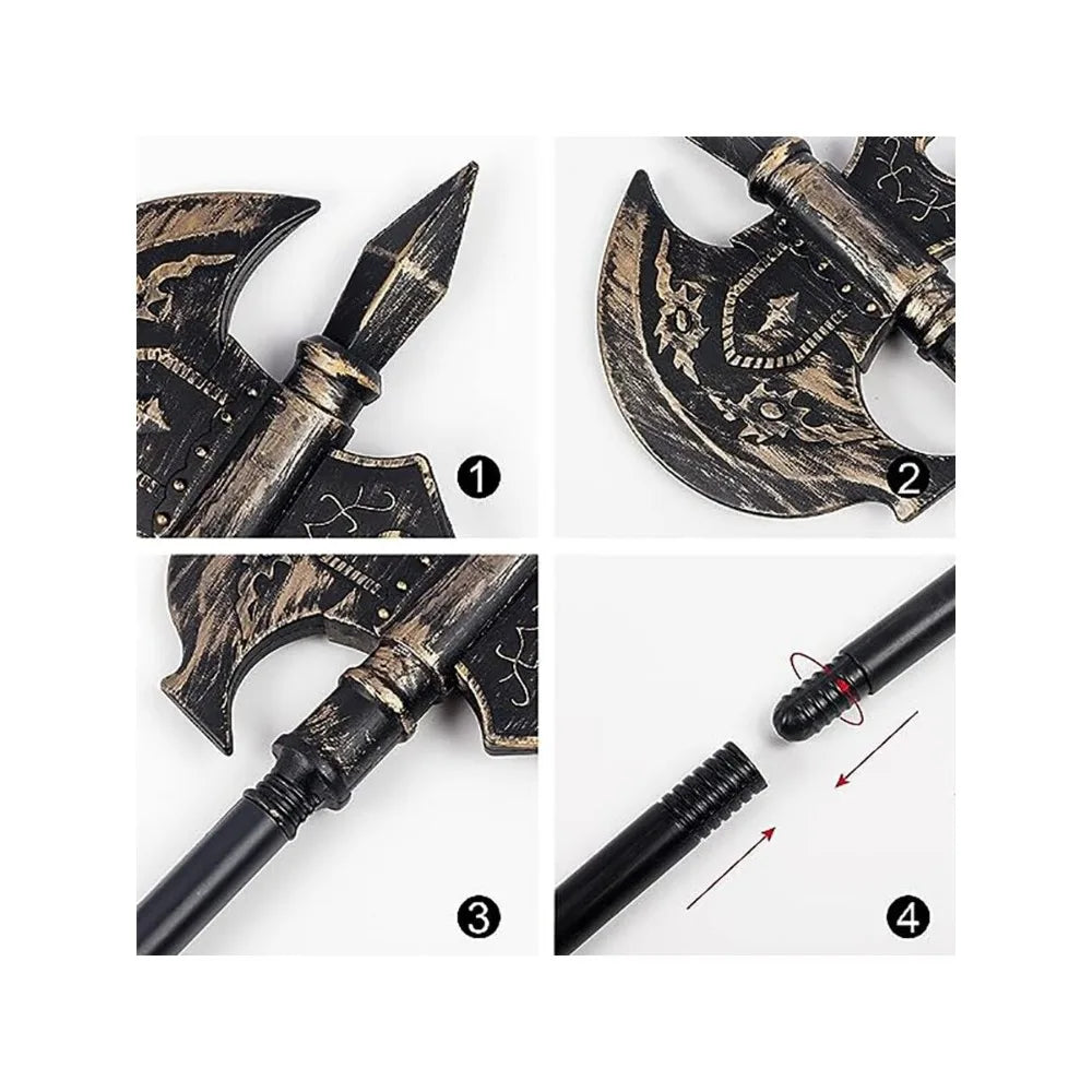 Collage showing a detailed black and gold axe head, intricate designs, and instructions for assembling sections of a black rod with threaded ends.