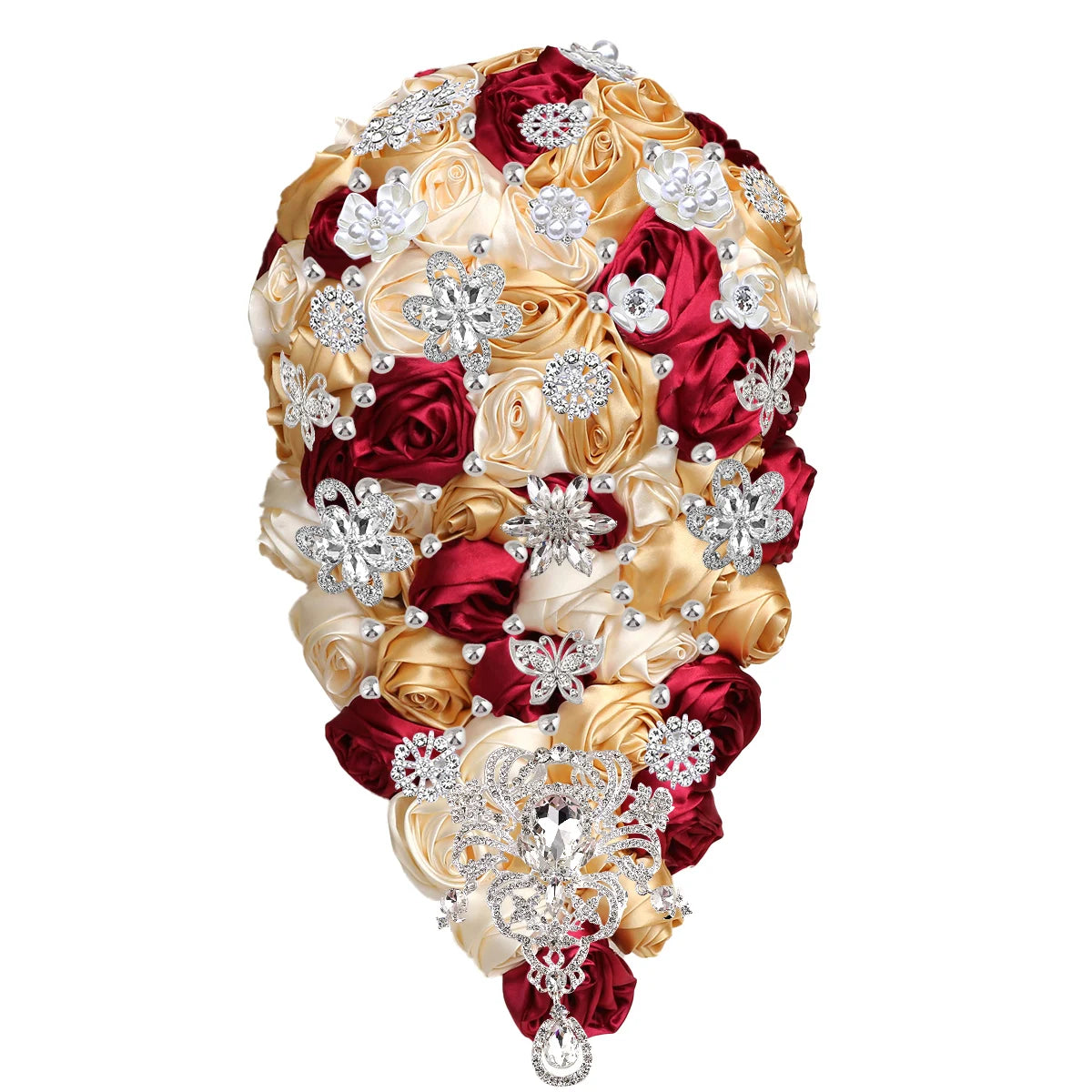 A teardrop bouquet of satin roses in red, gold, and cream is adorned with silver rhinestone flowers and decorative pearls, creating an elegant and luxurious arrangement.