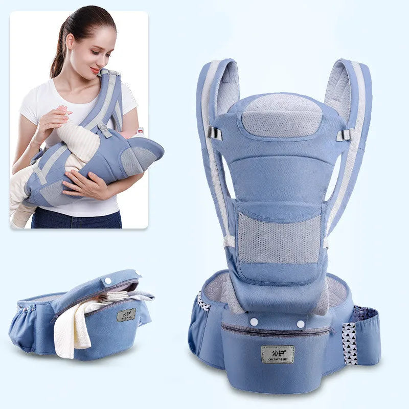 Blue ergonomic baby carrier with adjustable straps and a waist pouch, shown in detail. Inset image shows a woman using the carrier to hold a baby.