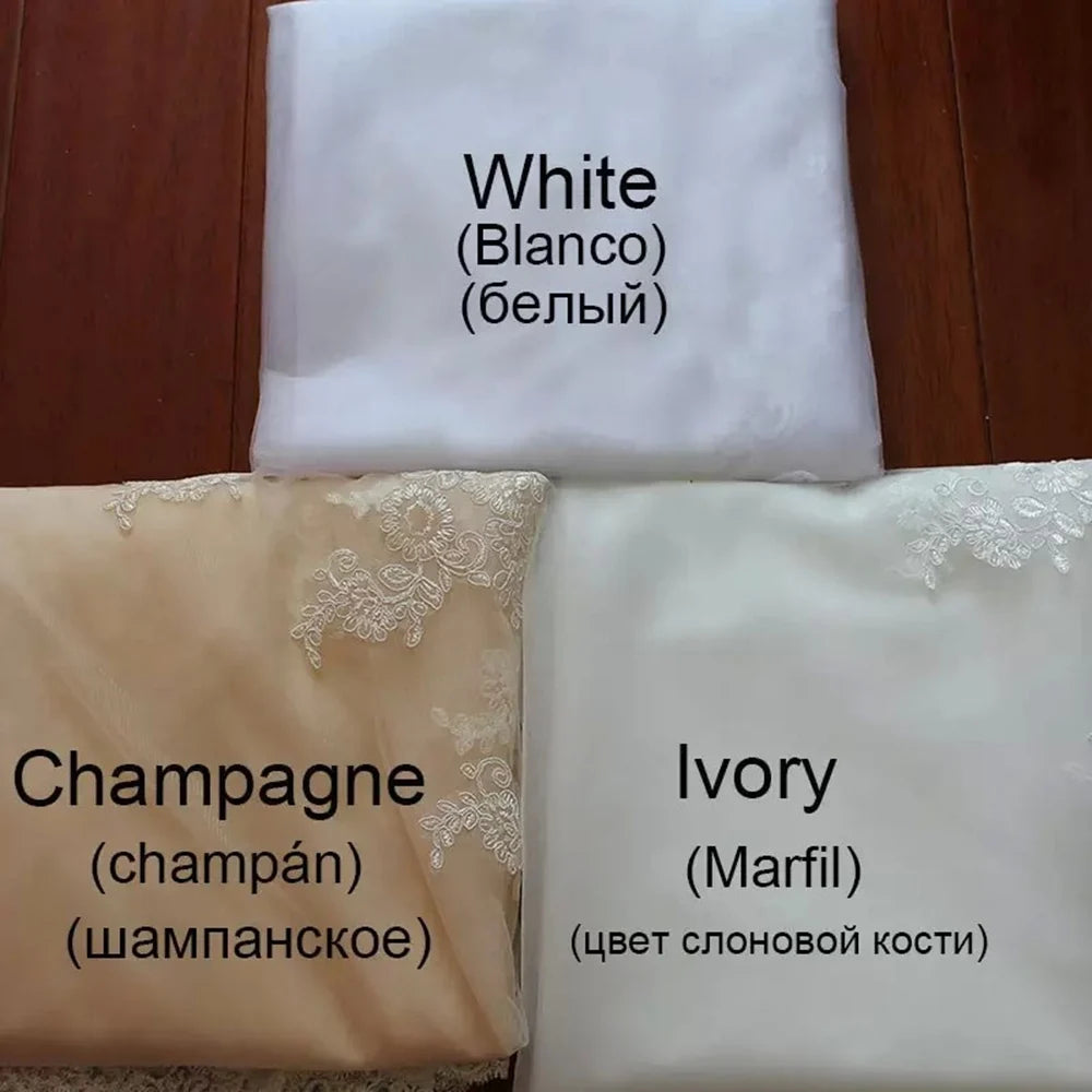 Three folded fabrics in different colors: white, champagne with lace, and ivory with lace. Each labeled in English, Spanish, and Russian translations.