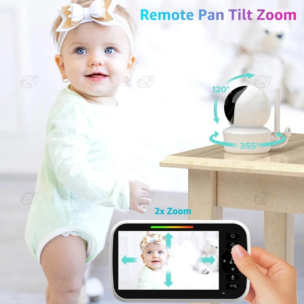 A baby in a mint outfit with a bow headband stands near a surveillance camera. A monitor shows the camera's view, highlighting remote pan, tilt, and zoom features.