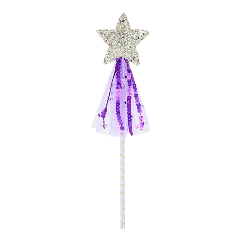 Sparkly star-shaped wand with a glittery top and purple ribbons adorned with sequins. The stick has a white and gold-striped pattern, creating a whimsical design.